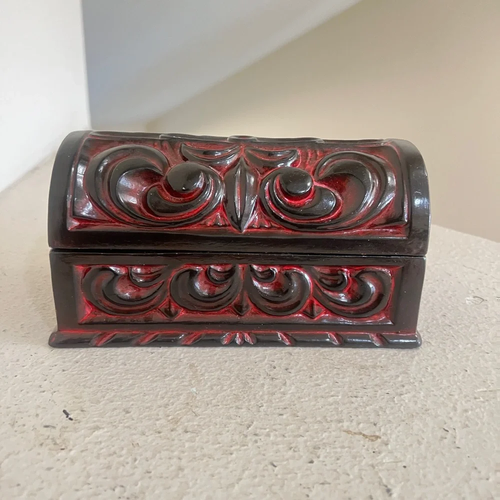 Vintage 1960s Hand Curved Decorative Box Ceramic Jewelry Red Black Marked